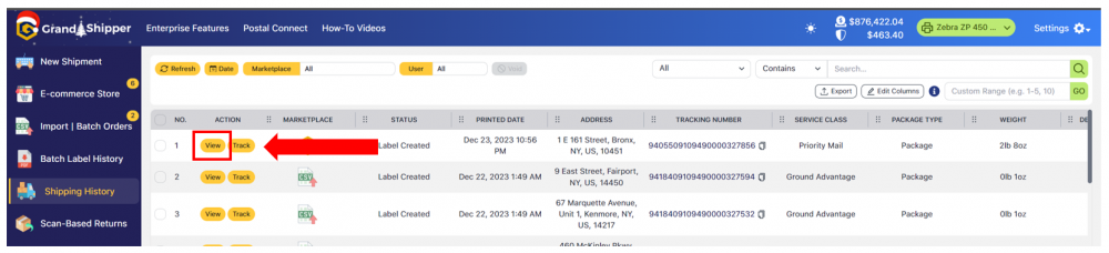 Shipping History View 2